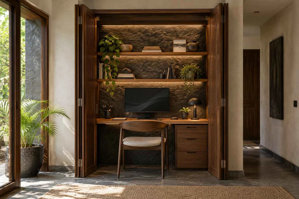 AI-generated home office concept: cupboard workstation, deccan stone direction