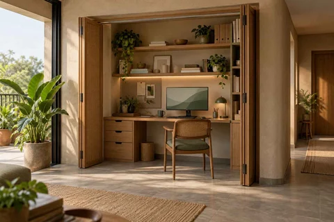AI-generated home office concept: cupboard workstation, earth and bamboo direction