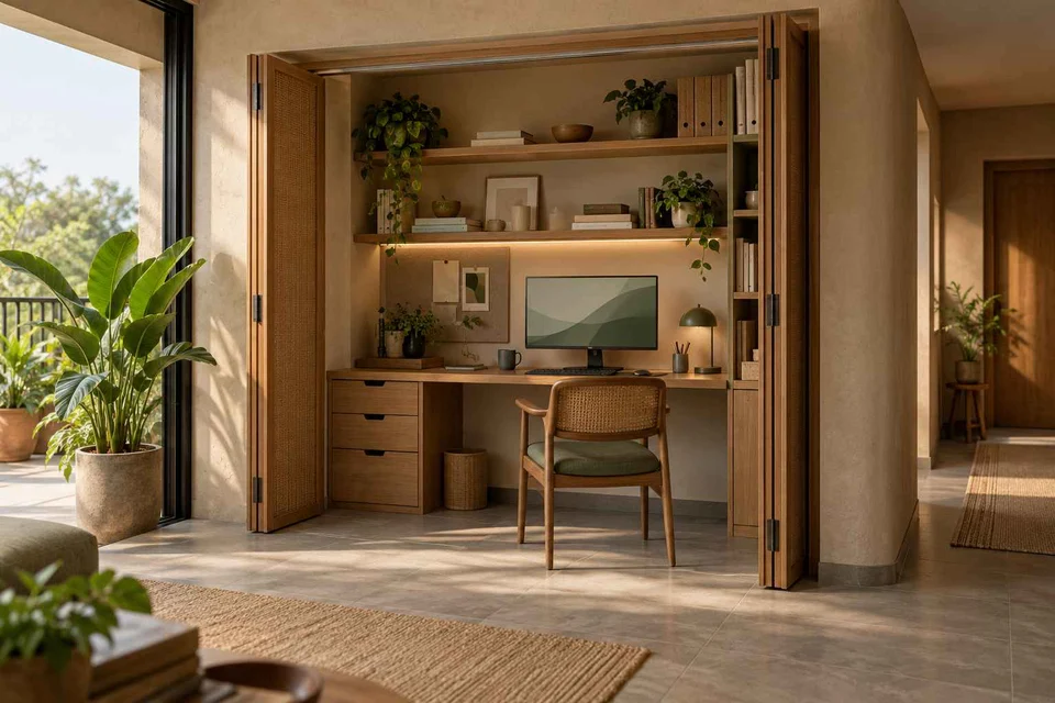 AI-generated home office concept: cupboard workstation, earth and bamboo direction