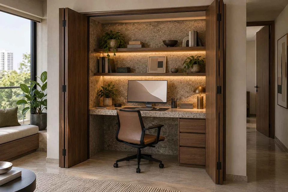 AI-generated home office concept: cupboard workstation, granite precision direction