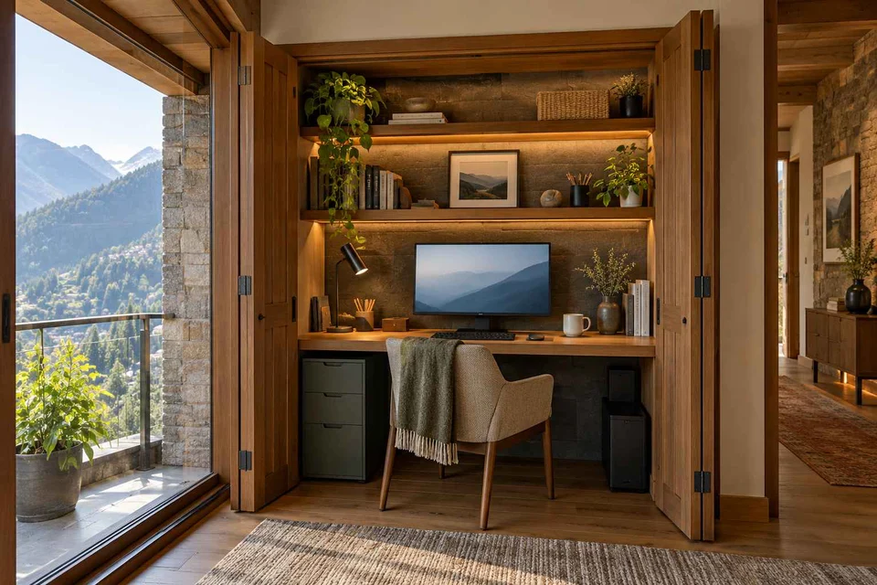 AI-generated home office concept: cupboard workstation, hill timber direction