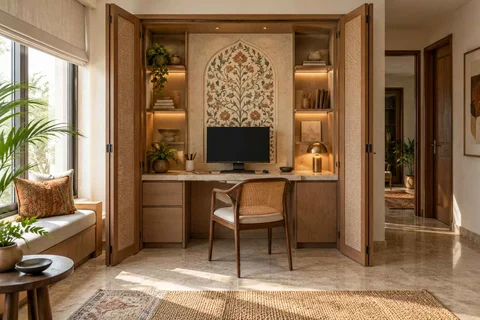 AI-generated home office concept: cupboard workstation, inlay atelier direction