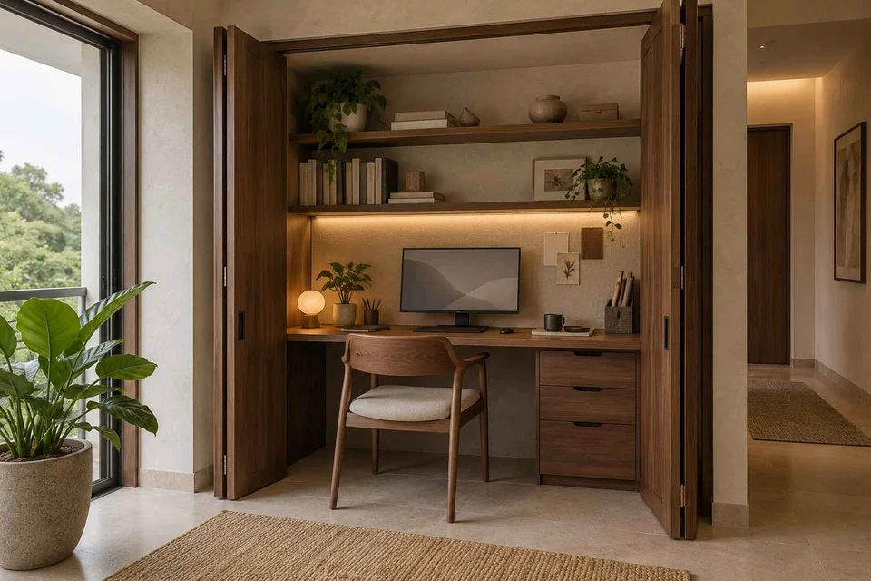 AI-generated home office concept: cupboard workstation, lime and walnut direction