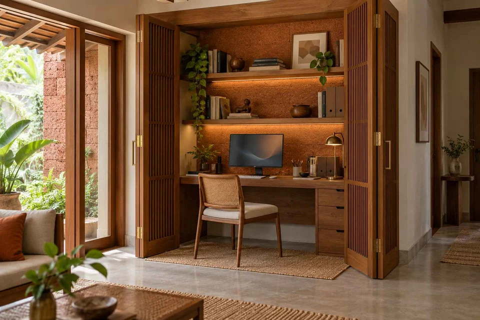 AI-generated home office concept: cupboard workstation, malabar timber direction