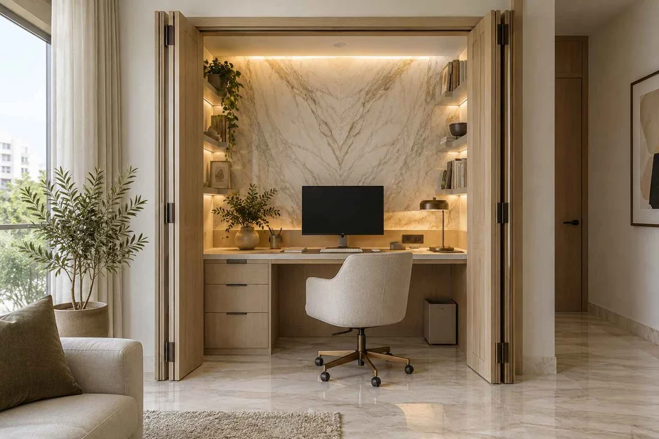 AI-generated home office concept: cupboard workstation, marble restraint direction