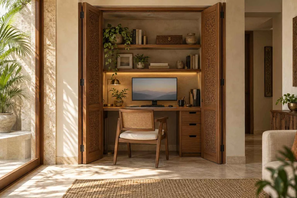 AI-generated home office concept: cupboard workstation, modern carved direction