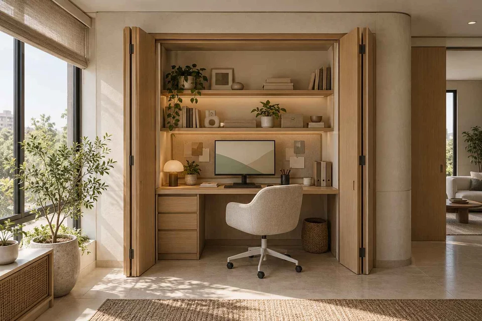 AI-generated home office concept: cupboard workstation, quiet contemporary direction