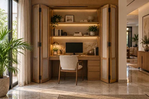 AI-generated home office concept: cupboard workstation, quiet transitional direction