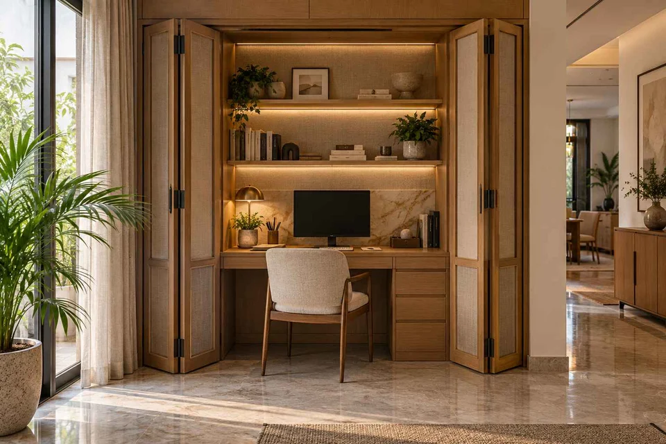 AI-generated home office concept: cupboard workstation, quiet transitional direction