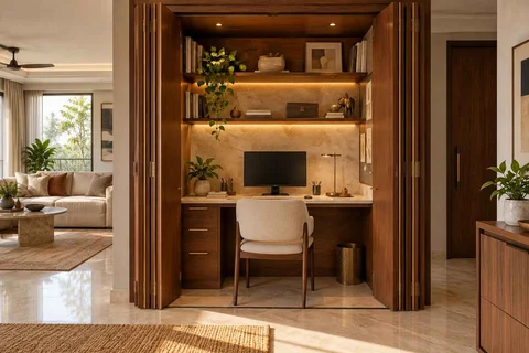 AI-generated home office concept: cupboard workstation, rosewood brass direction