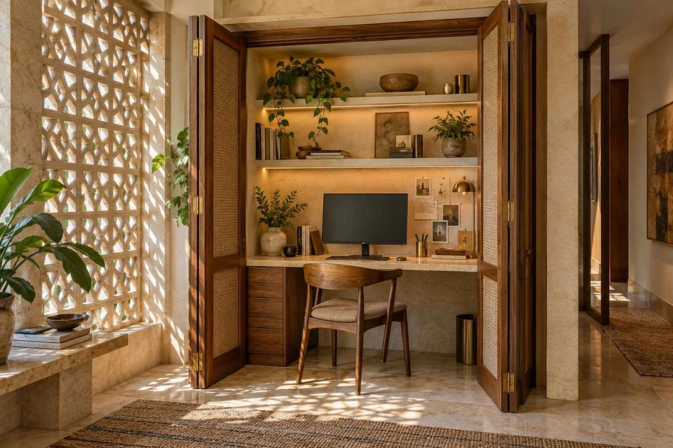 AI-generated home office concept: cupboard workstation, sandstone lattice direction