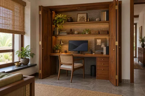 AI-generated home office concept: cupboard workstation, teak craft direction