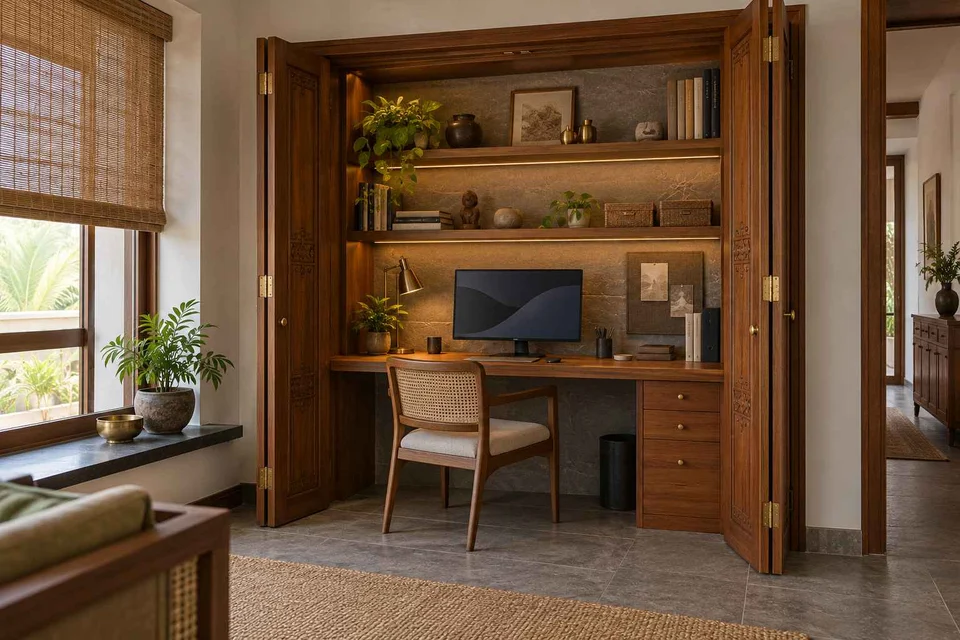 AI-generated home office concept: cupboard workstation, teak craft direction