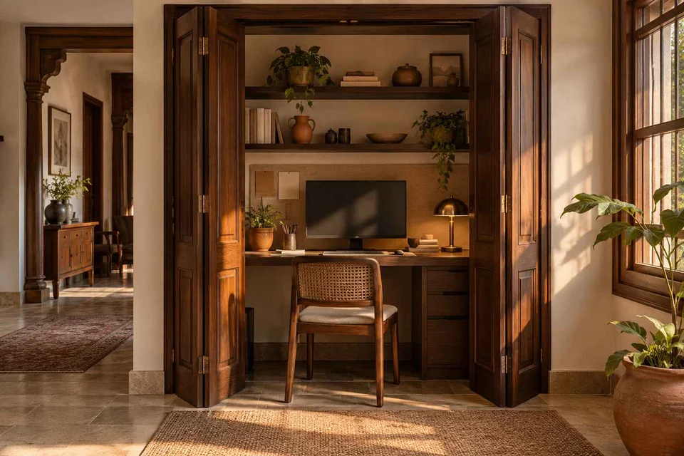 AI-generated home office concept: cupboard workstation, terracotta heritage direction