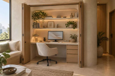AI-generated home office concept: cupboard workstation, textured mineral direction