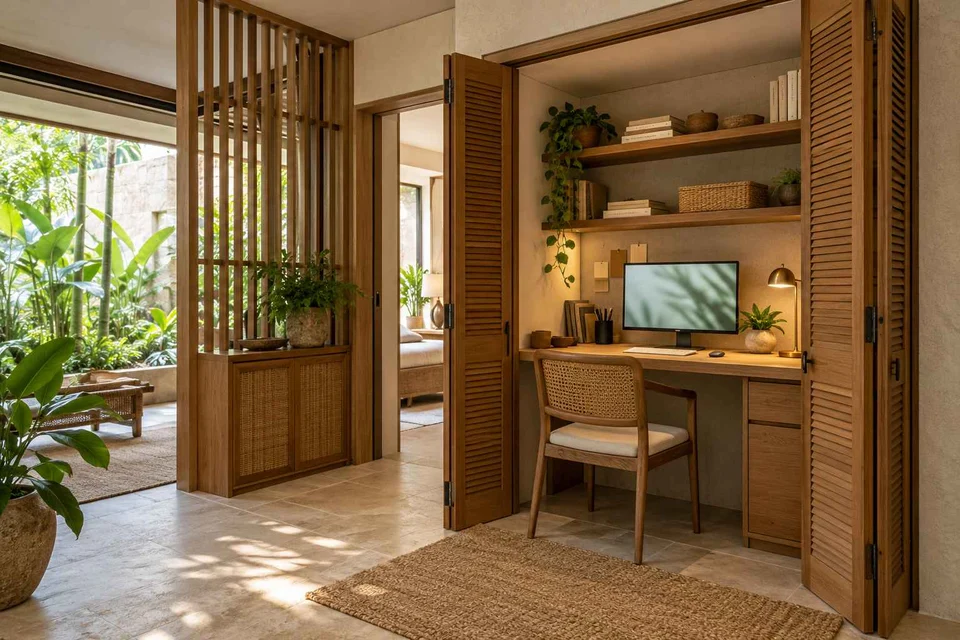 AI-generated home office concept: cupboard workstation, tropical slatted direction
