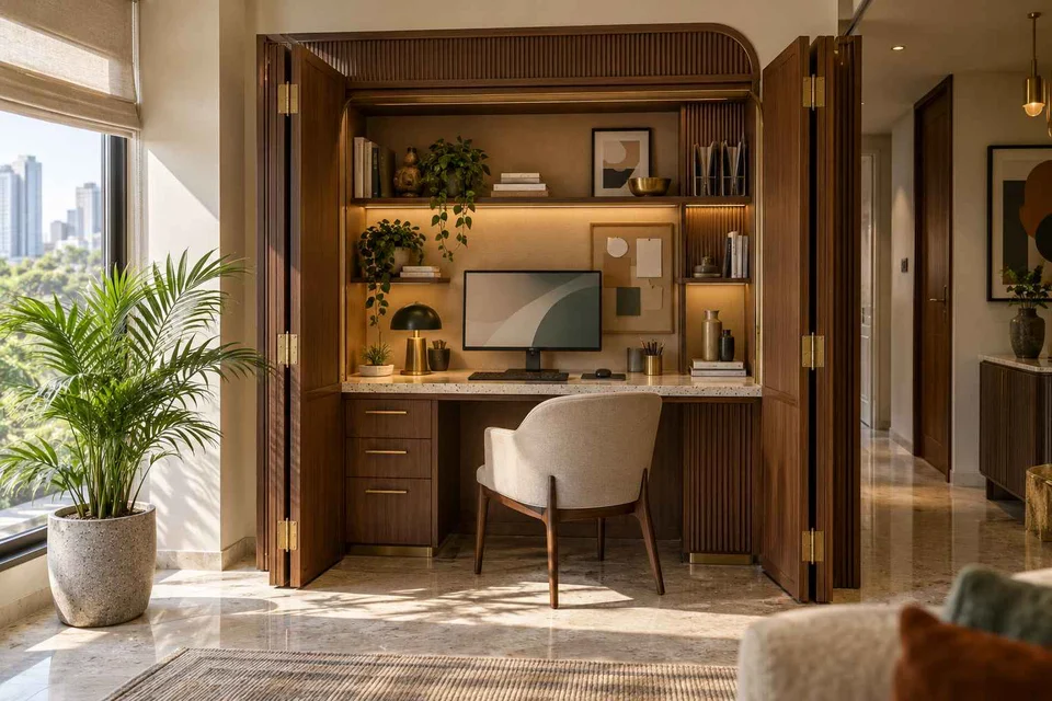AI-generated home office concept: cupboard workstation, urban deco direction