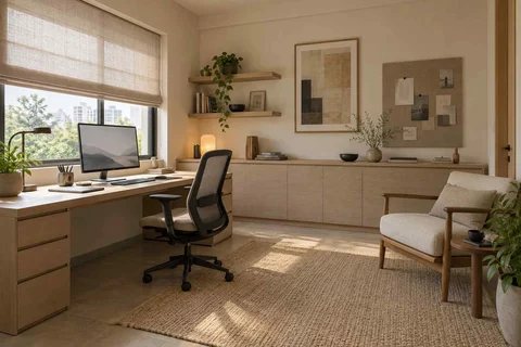 AI-generated home office concept: dedicated single office, ash and linen direction