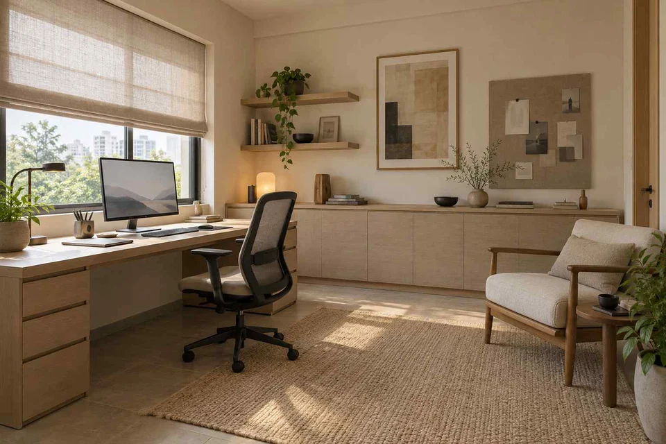 AI-generated home office concept: dedicated single office, ash and linen direction