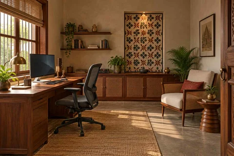 AI-generated home office concept: dedicated single office, chettinad tile direction