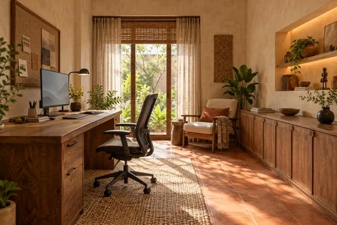 AI-generated home office concept: dedicated single office, clay artisan direction