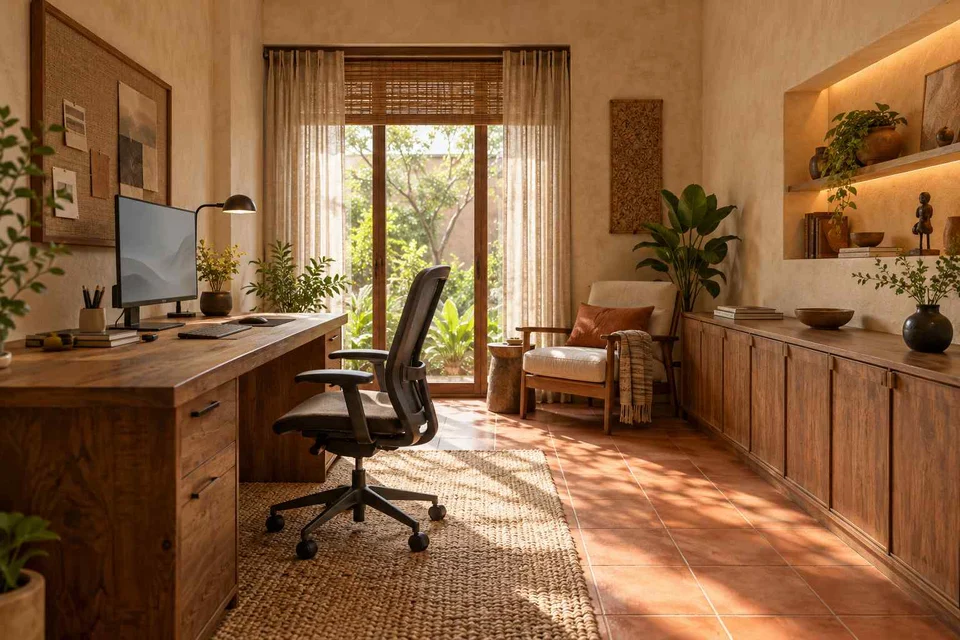 AI-generated home office concept: dedicated single office, clay artisan direction