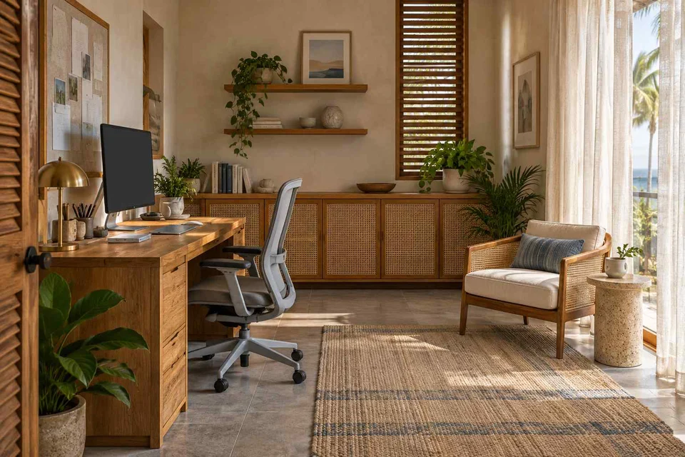 AI-generated home office concept: dedicated single office, coastal woven direction