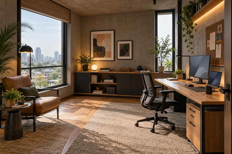 AI-generated home office concept: dedicated single office, concrete and oak direction