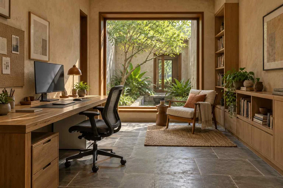 AI-generated home office concept: dedicated single office, courtyard modern direction