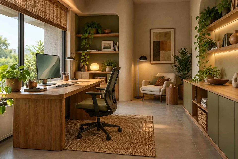 AI-generated home office concept: dedicated single office, earth and bamboo direction