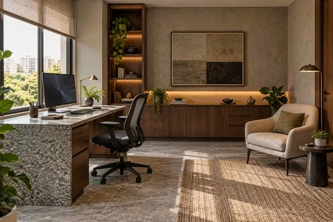 AI-generated home office concept: dedicated single office, granite precision direction