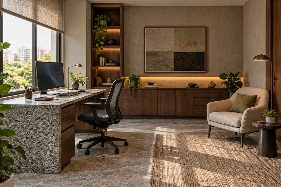 AI-generated home office concept: dedicated single office, granite precision direction