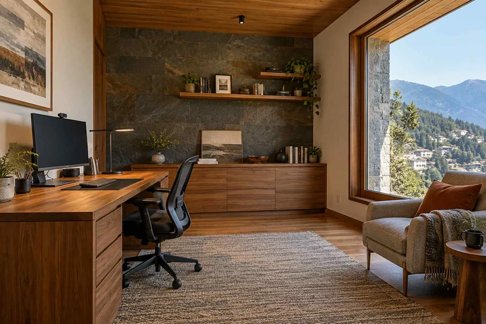 AI-generated home office concept: dedicated single office, hill timber direction