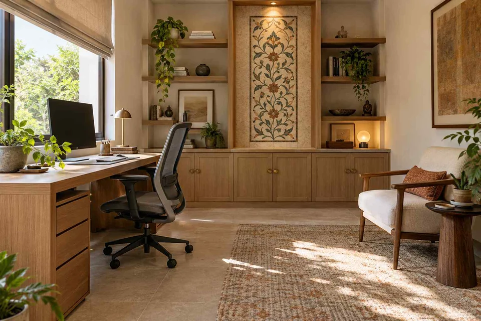 AI-generated home office concept: dedicated single office, inlay atelier direction