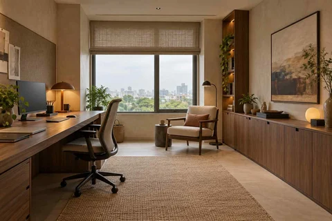AI-generated home office concept: dedicated single office, lime and walnut direction