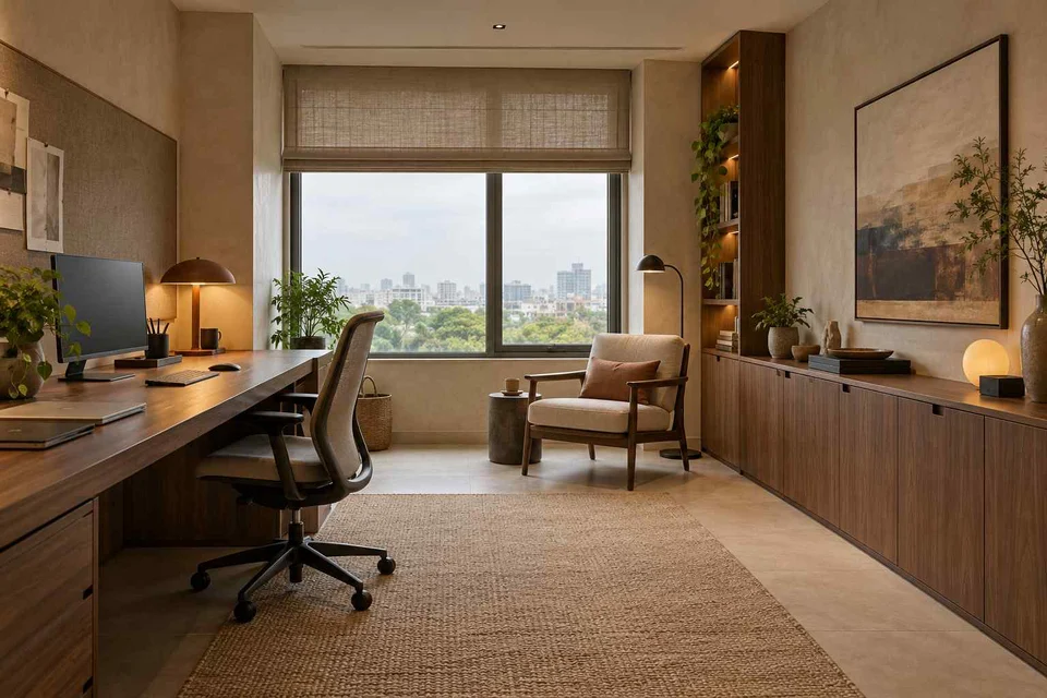 AI-generated home office concept: dedicated single office, lime and walnut direction