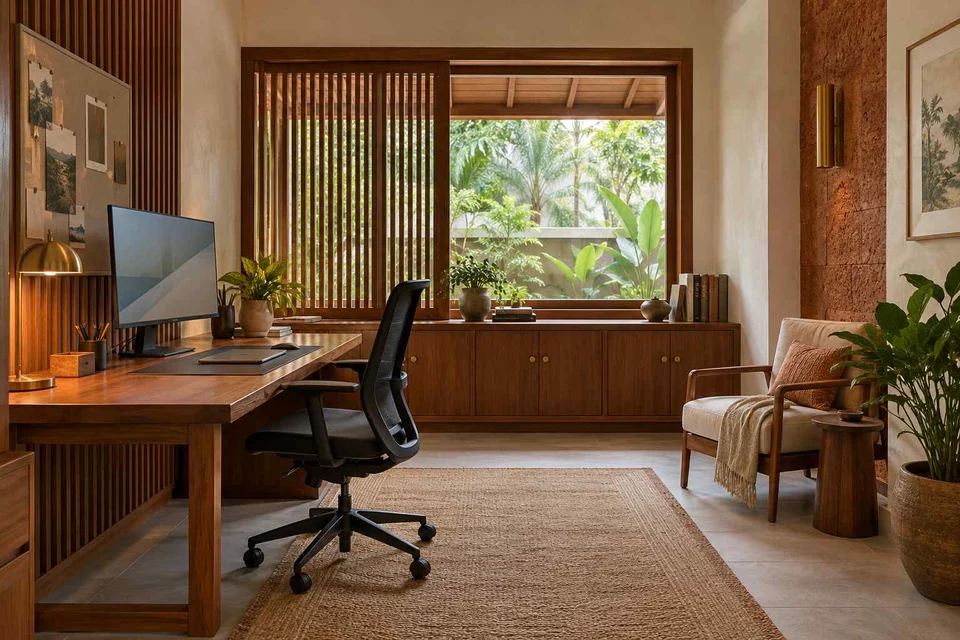 AI-generated home office concept: dedicated single office, malabar timber direction