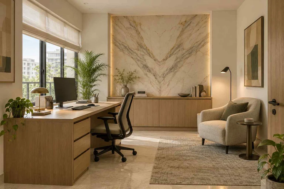 AI-generated home office concept: dedicated single office, marble restraint direction