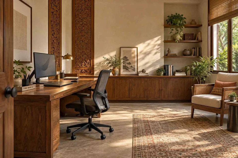 AI-generated home office concept: dedicated single office, modern carved direction