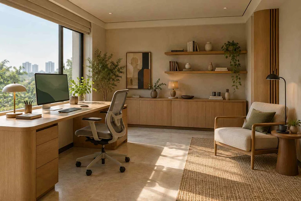 AI-generated home office concept: dedicated single office, quiet contemporary direction