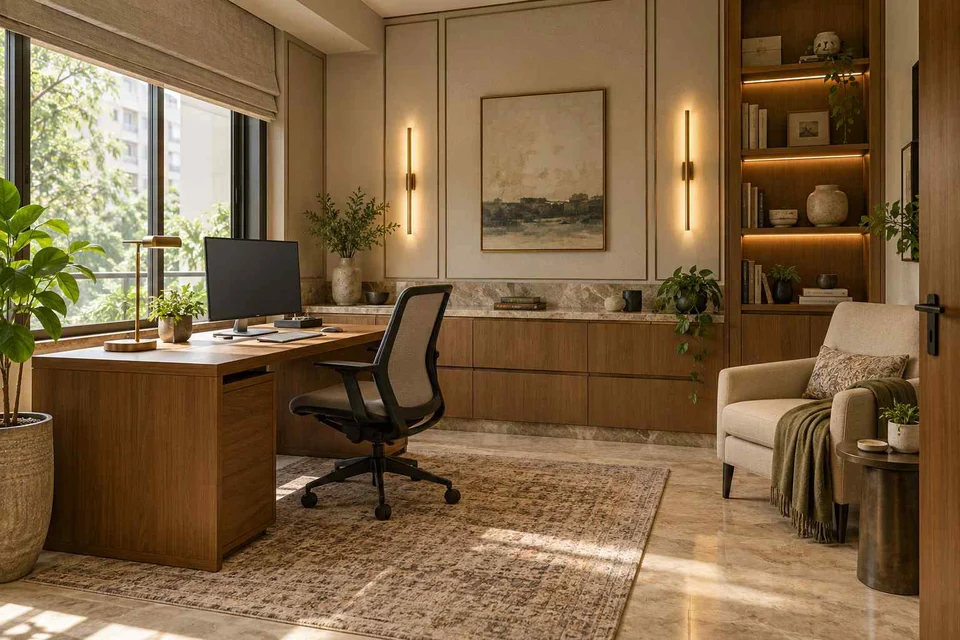 AI-generated home office concept: dedicated single office, quiet transitional direction