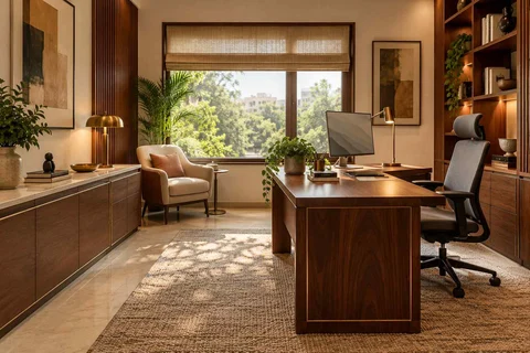 AI-generated home office concept: dedicated single office, rosewood brass direction