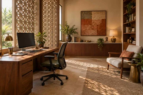 AI-generated home office concept: dedicated single office, sandstone lattice direction