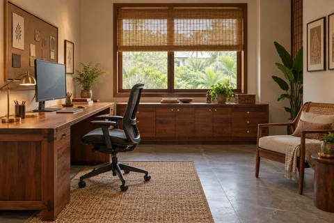 AI-generated home office concept: dedicated single office, teak craft direction