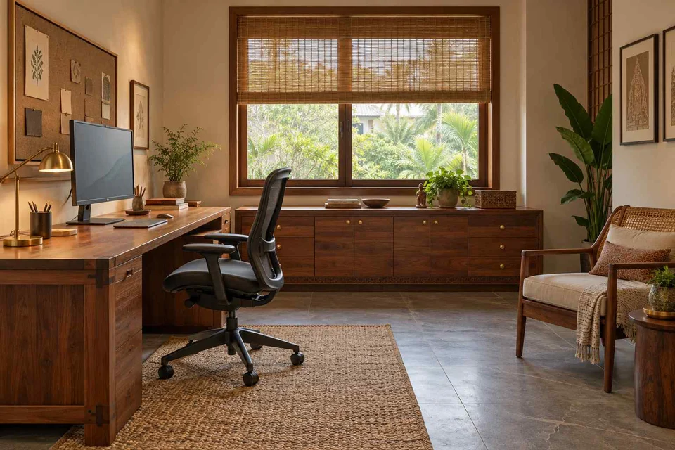 AI-generated home office concept: dedicated single office, teak craft direction