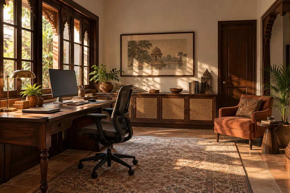 AI-generated home office concept: dedicated single office, terracotta heritage direction