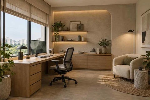 AI-generated home office concept: dedicated single office, textured mineral direction