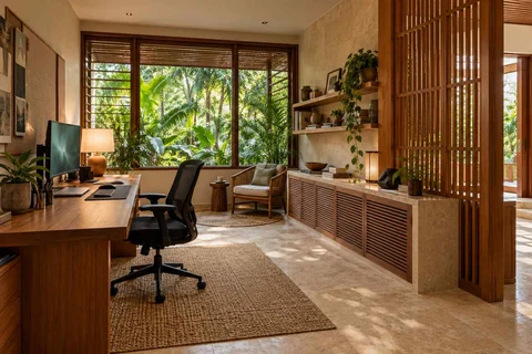 AI-generated home office concept: dedicated single office, tropical slatted direction
