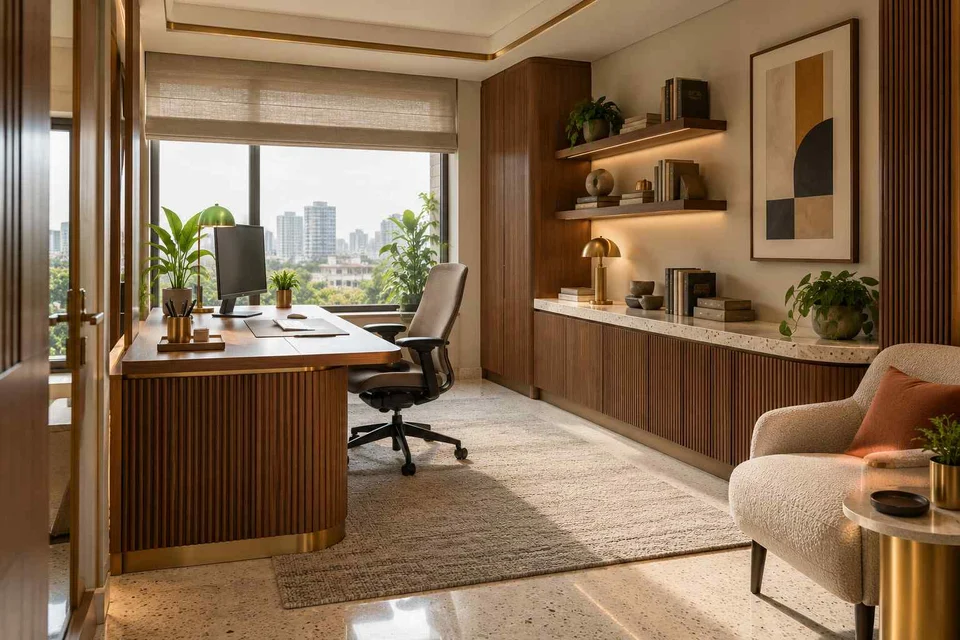 AI-generated home office concept: dedicated single office, urban deco direction
