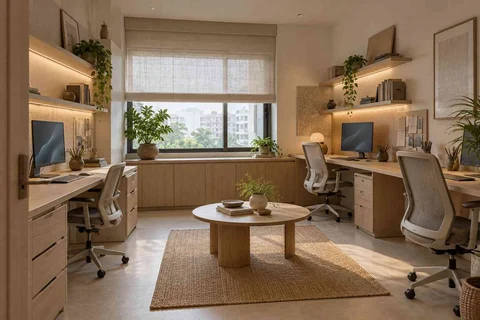 AI-generated home office concept: family study room, ash and linen direction